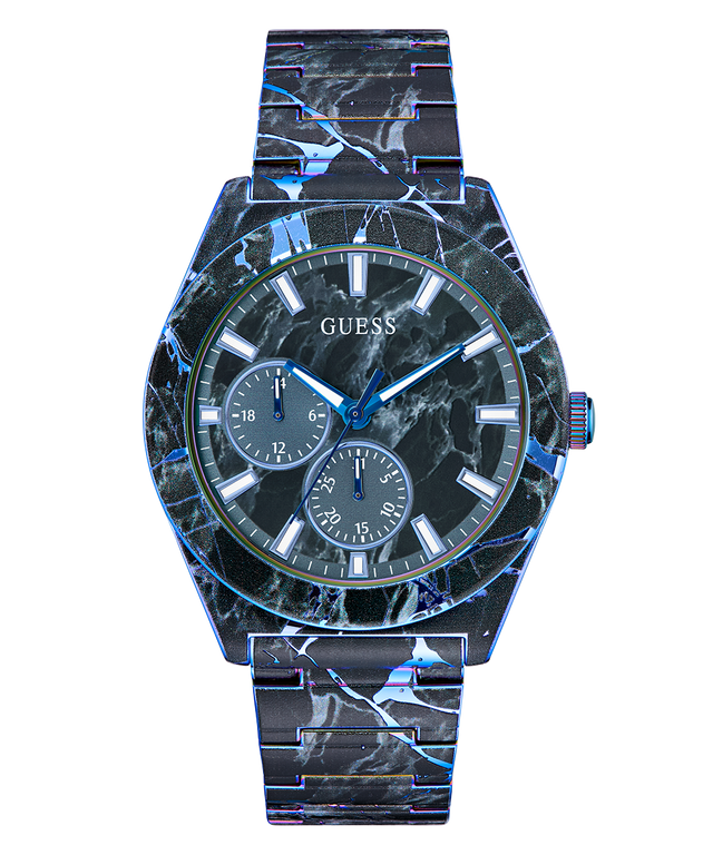 GUESS Mens Black Multi-function Watch with black marble-like strap on a white background