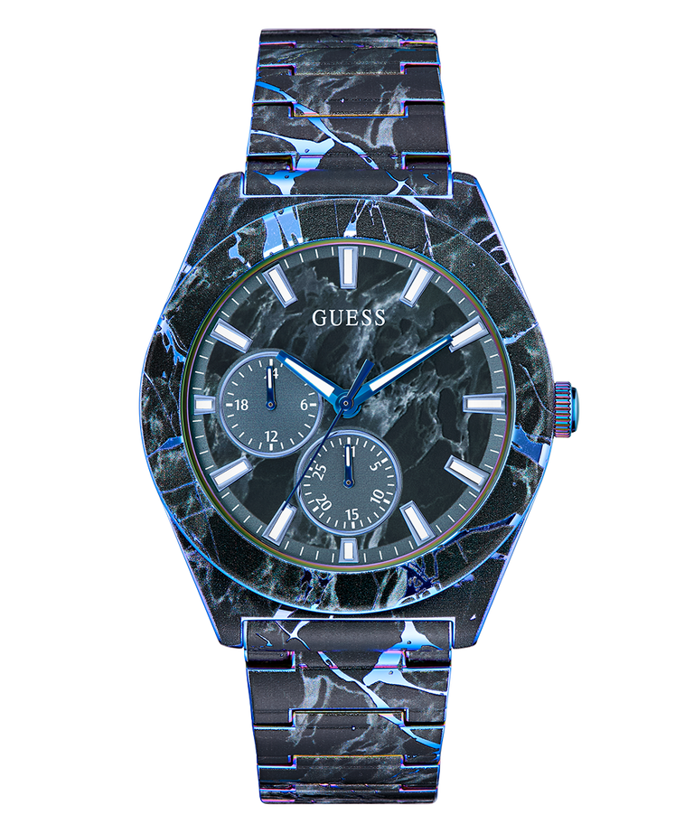 GUESS Mens Black Multi-function Watch with black marble-like strap on a white background