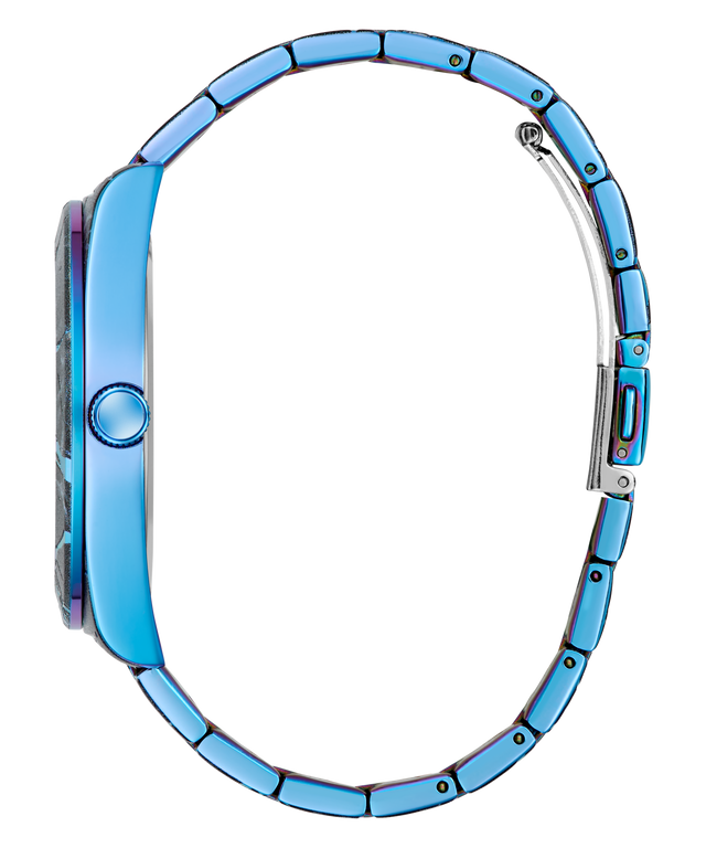 Close-up of a blue GUESS Mens Black Multi-function Watch strap on a white background