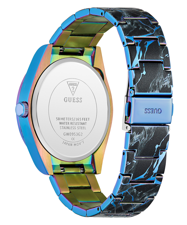 Multicolored GUESS Mens Black Multi-function Watch with a marble pattern on a white background