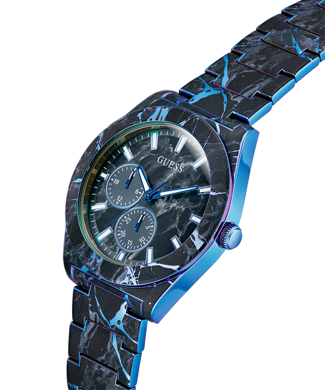 GUESS Mens Black Multi-function Watch with black and blue marbled band on a white background lifestyle