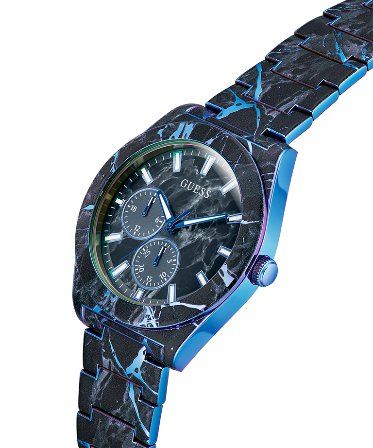GUESS Mens Black Multi-function Watch with black and blue marbled band on a white background lifestyle