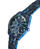 GUESS Mens Black Multi-function Watch with black and blue marbled band on a white background lifestyle