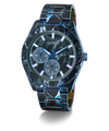 Marble-patterned watch with blue accents on a white background