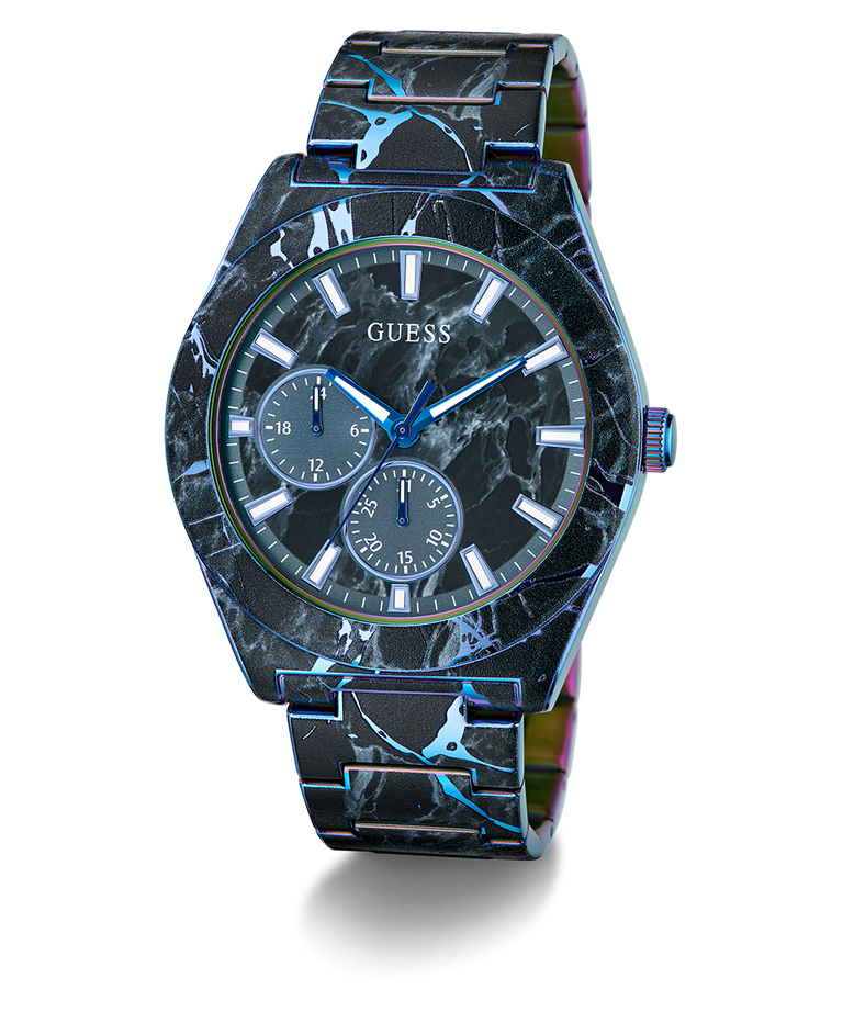 Marble-patterned watch with blue accents on a white background
