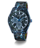 Marble-patterned watch with blue accents on a white background