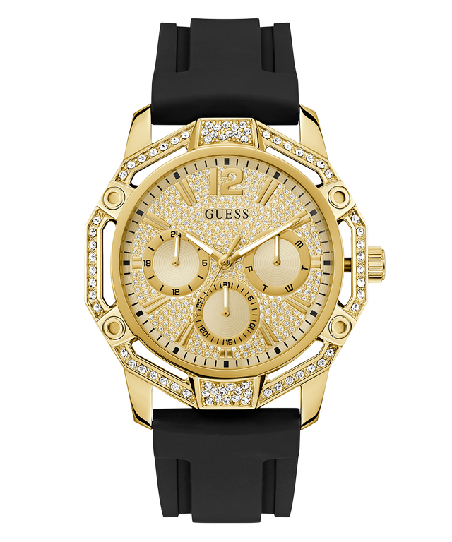 Gold GUESS Mens Black Gold Tone Multi-function Watch with black strap on a white background