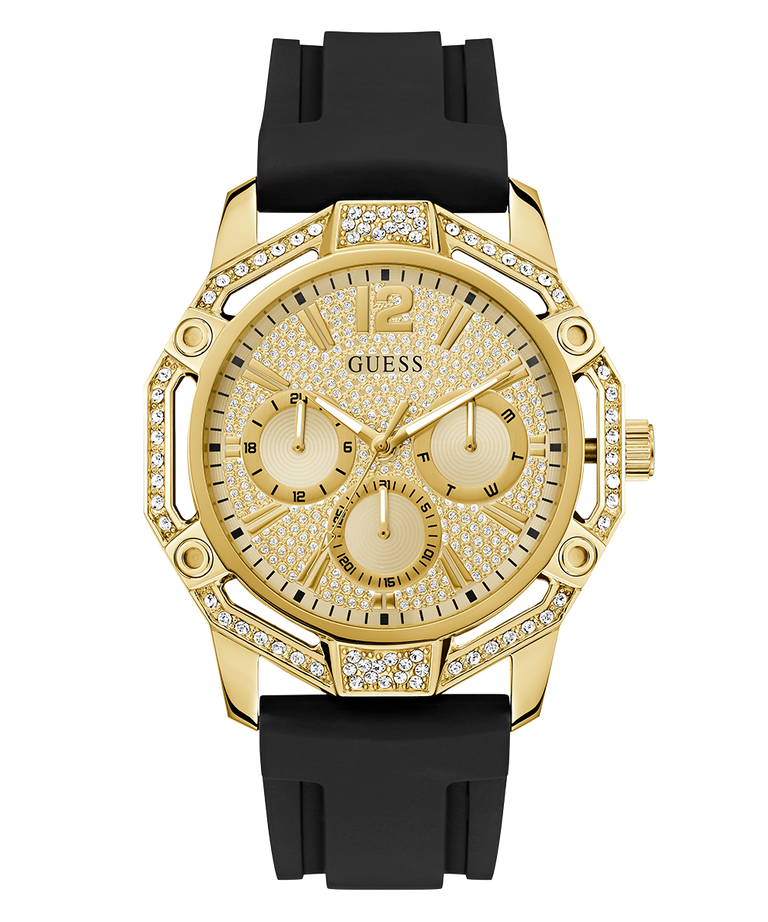Gold GUESS Mens Black Gold Tone Multi-function Watch with black strap on a white background