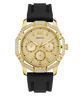 Gold GUESS Mens Black Gold Tone Multi-function Watch with black strap on a white background