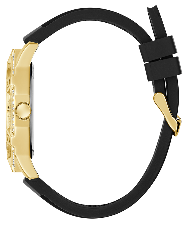 Gold GUESS Mens Black Gold Tone Multi-function Watch with black strap on a white background