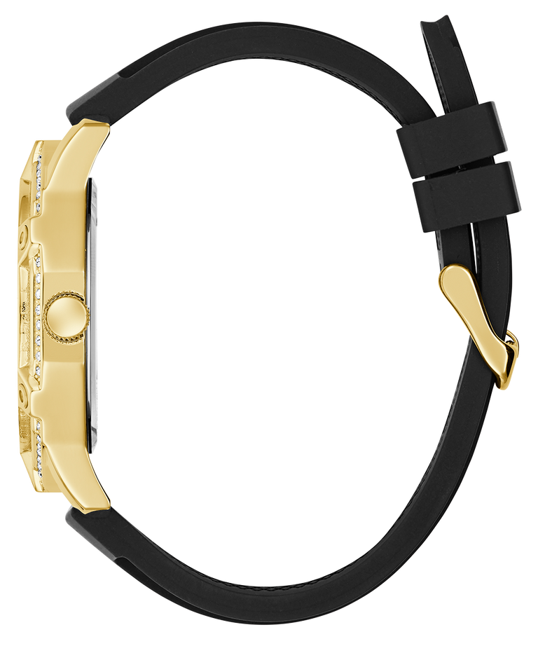 Gold GUESS Mens Black Gold Tone Multi-function Watch with black strap on a white background