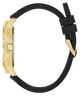 Gold GUESS Mens Black Gold Tone Multi-function Watch with black strap on a white background