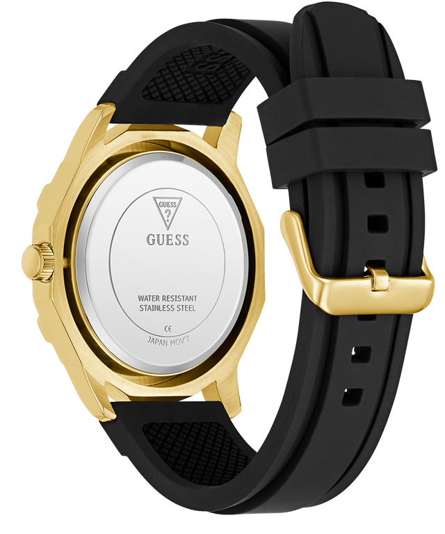 Guess GUESS Mens Black Gold Tone Multi-function Watch with black strap and gold case on a white background