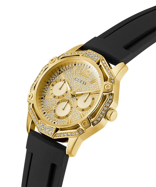 Gold GUESS Mens Black Gold Tone Multi-function Watch with black strap on a white background lifestyle