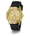 Gold GUESS Mens Black Gold Tone Multi-function Watch with black strap on a white background