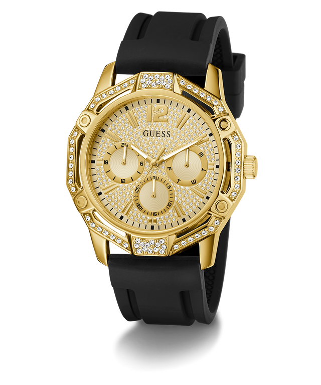 Gold GUESS Mens Black Gold Tone Multi-function Watch with black strap on a white background