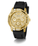 Gold GUESS Mens Black Gold Tone Multi-function Watch with black strap on a white background