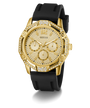 Gold GUESS Mens Black Gold Tone Multi-function Watch with black strap on a white background