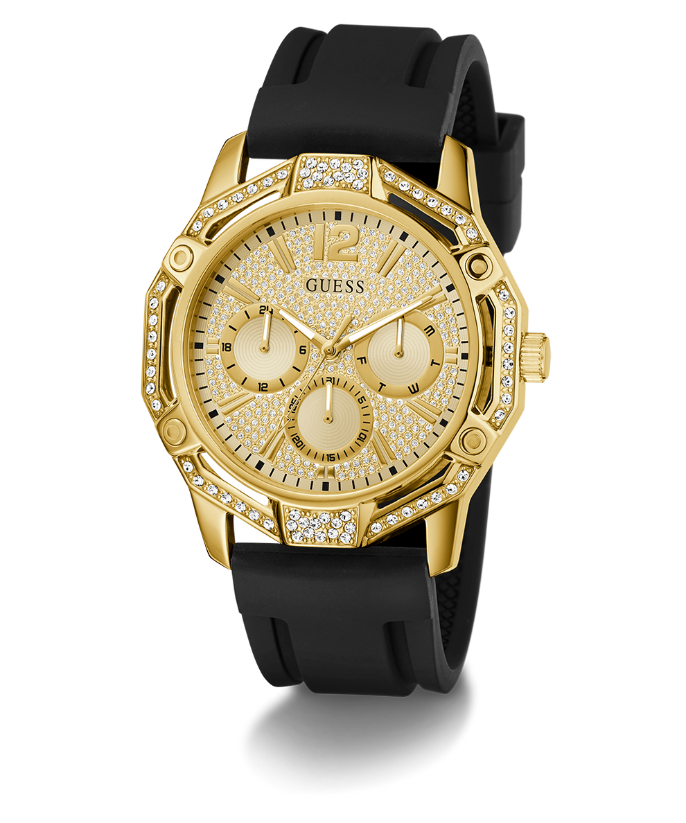Gold GUESS Mens Black Gold Tone Multi-function Watch with black strap on a white background