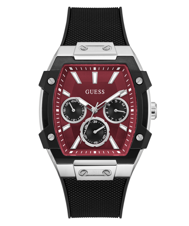 Guess watch with black strap and red face on a white background