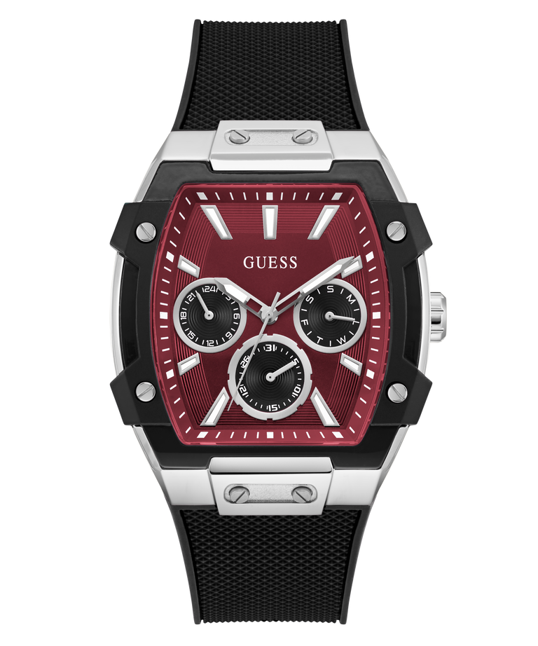 Guess watch with black strap and red face on a white background