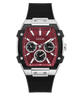 Guess watch with black strap and red face on a white background