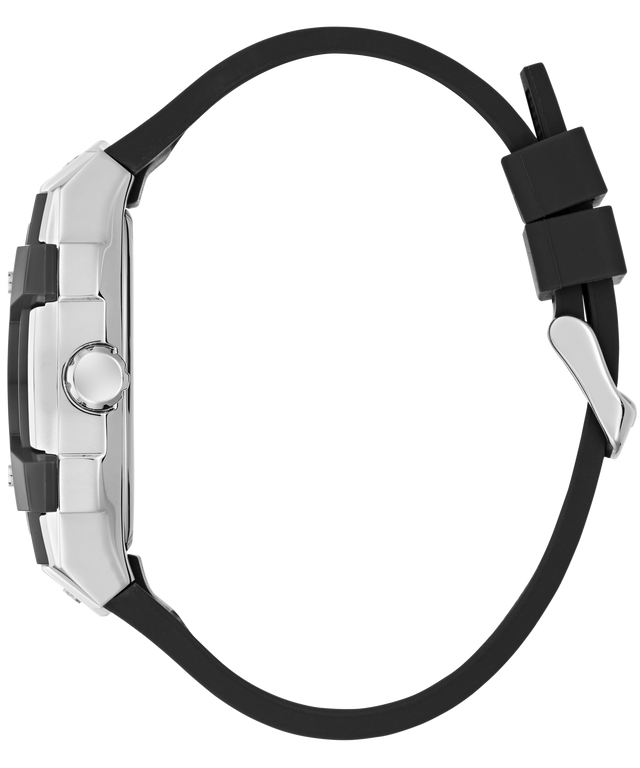 Close-up of a watch with a black strap and silver case on a white background
