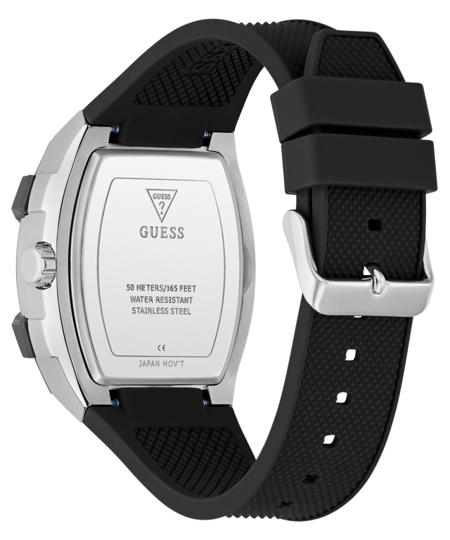 Black watch with silver case and visible brand logo on a white background