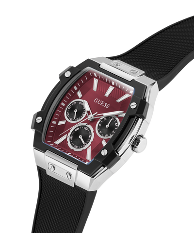 GUESS watch with black strap and red face on a white background lifestyle