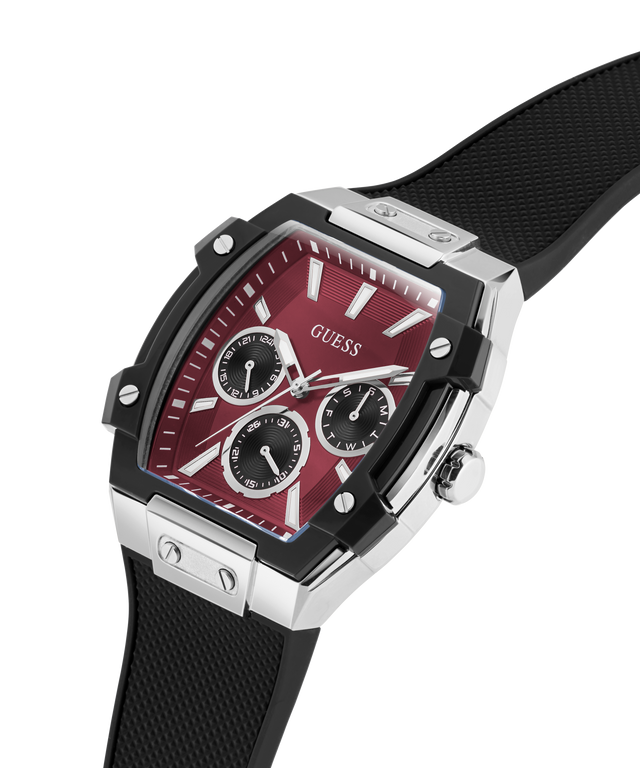 GUESS watch with black strap and red face on a white background lifestyle