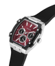 GUESS watch with black strap and red face on a white background lifestyle