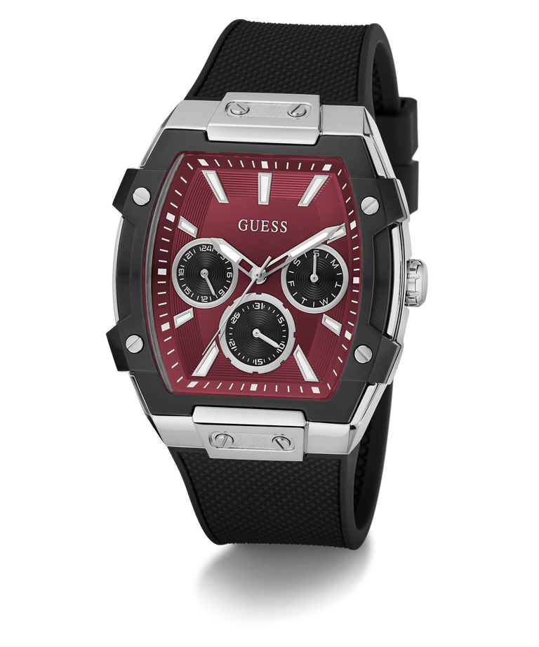 GUESS watch with black strap and red face on a white background