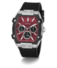GUESS watch with black strap and red face on a white background