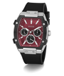 GUESS watch with black strap and red face on a white background