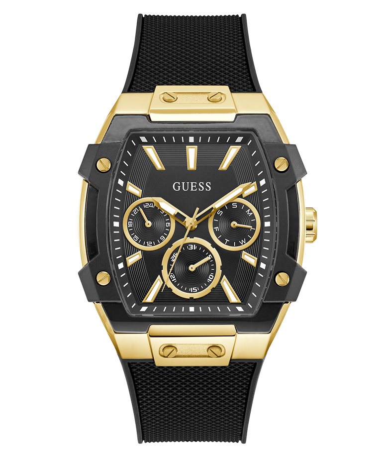Gold and black watch with visible brand logo on a white background GUESS Mens Black Gold Tone Multi-function Watch GW0956G2