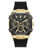 Gold and black watch with visible brand logo on a white background GUESS Mens Black Gold Tone Multi-function Watch GW0956G2