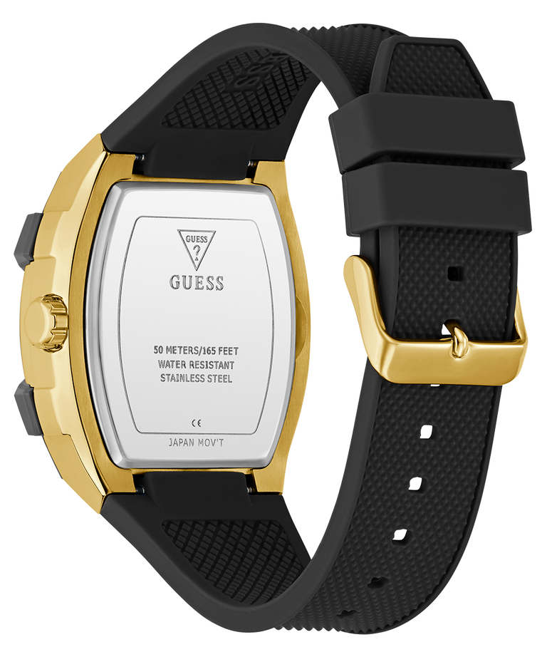Guess watch with black strap and gold caseback on a white background