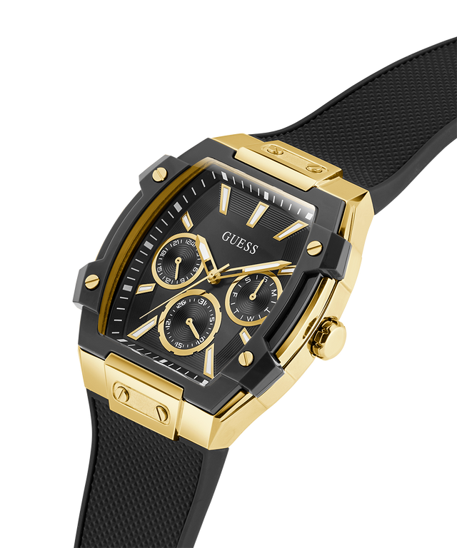 Gold and black watch with visible brand logo on a white background lifestyle