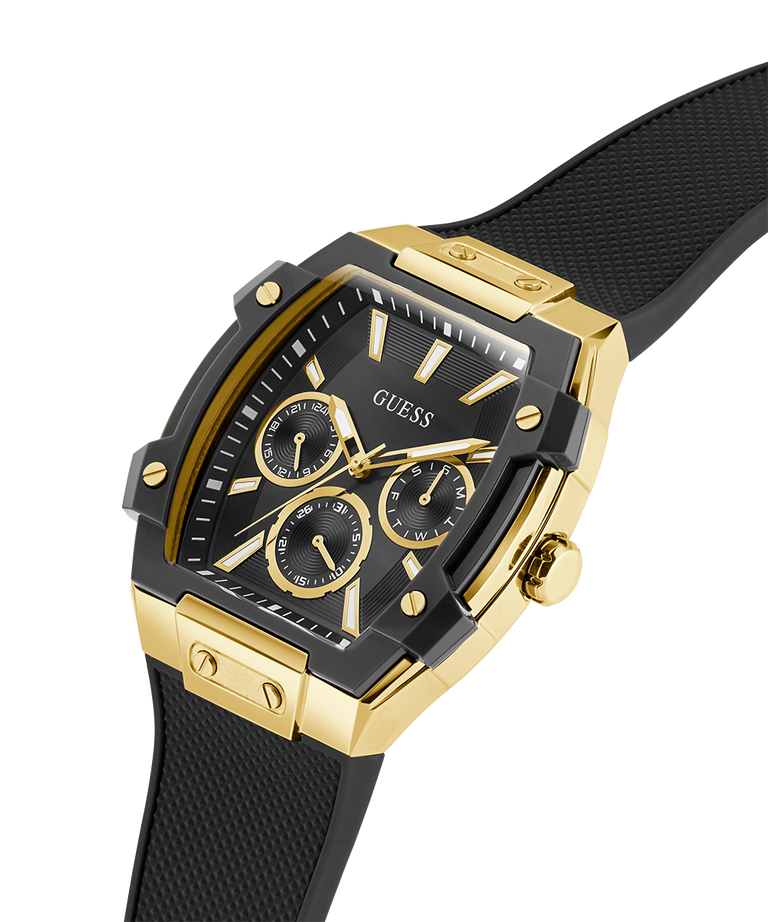 Gold and black watch with visible brand logo on a white background lifestyle