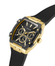 Gold and black watch with visible brand logo on a white background lifestyle