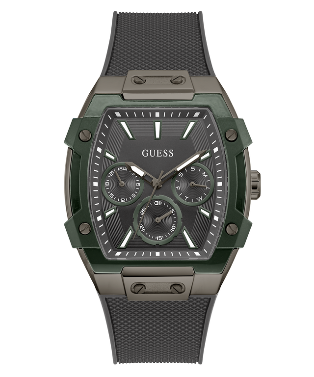 Green and gray watch with 'Guess' branding on a white background