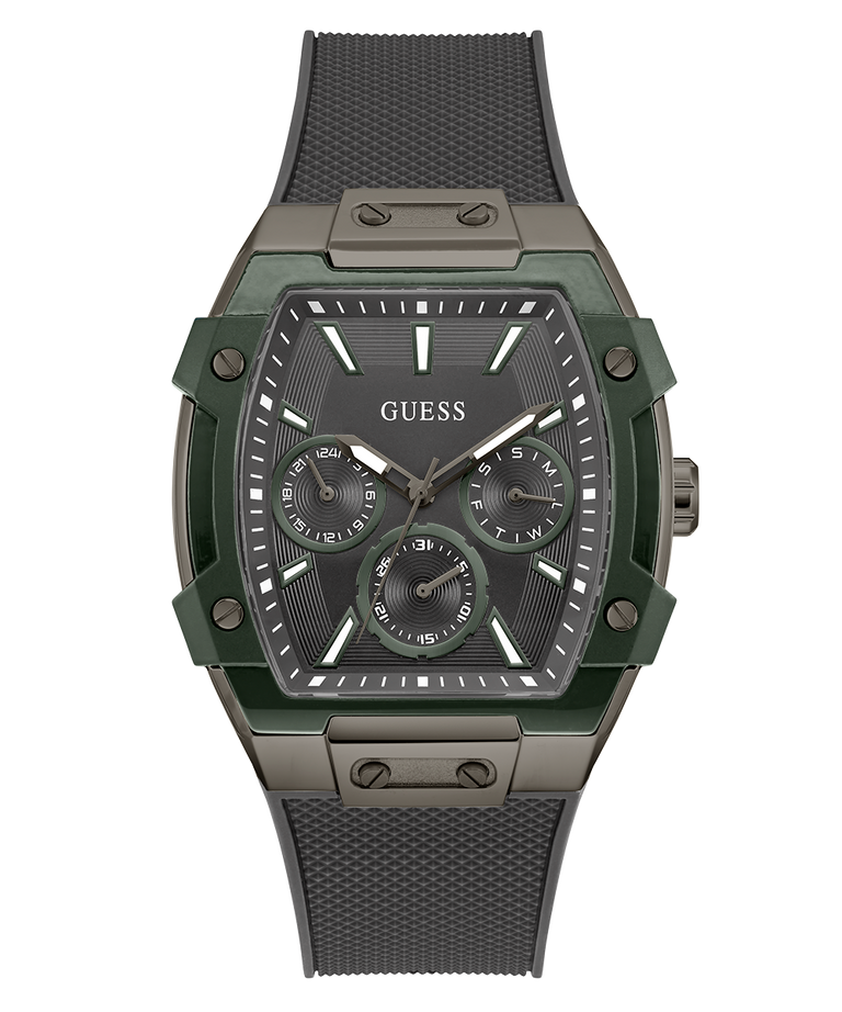 Green and gray watch with 'Guess' branding on a white background