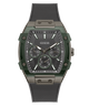 Green and gray watch with 'Guess' branding on a white background