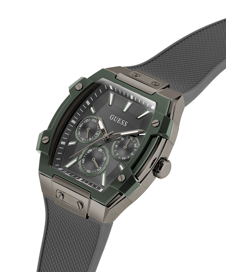 Guess watch with a dark green face and band on a white background lifestyle