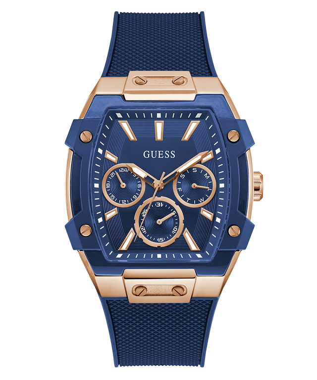 Blue and rose gold watch with 'Guess' branding on a white background GUESS Mens Blue Rose Gold Tone Multi-function Watch GW0956G4