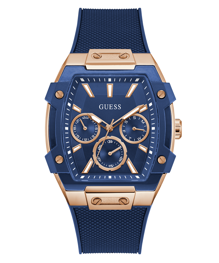 Blue and rose gold watch with 'Guess' branding on a white background GUESS Mens Blue Rose Gold Tone Multi-function Watch GW0956G4