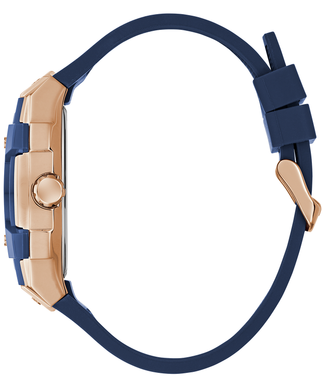 Wristwatch with blue strap and rose gold case on a white background