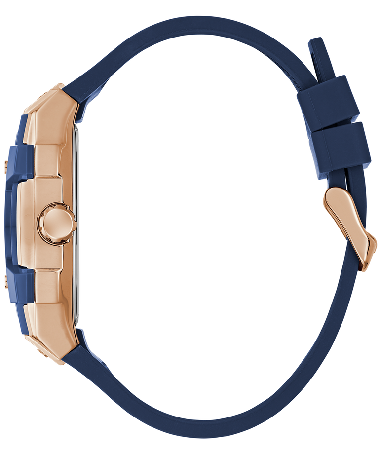 Wristwatch with blue strap and rose gold case on a white background