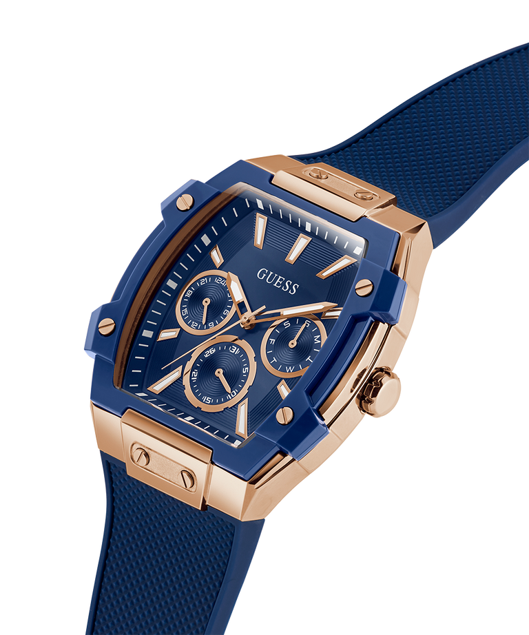 Blue and rose gold watch with visible brand logo on a white background lifestyle