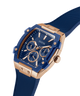 Blue and rose gold watch with visible brand logo on a white background lifestyle